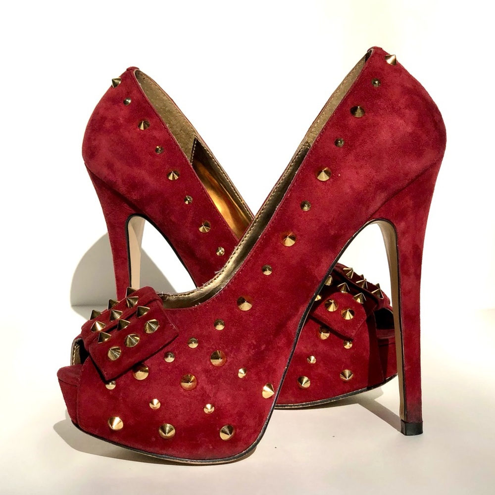 Topshop Studded Burgundy Suede Peep Toe Platform Heels 7.5